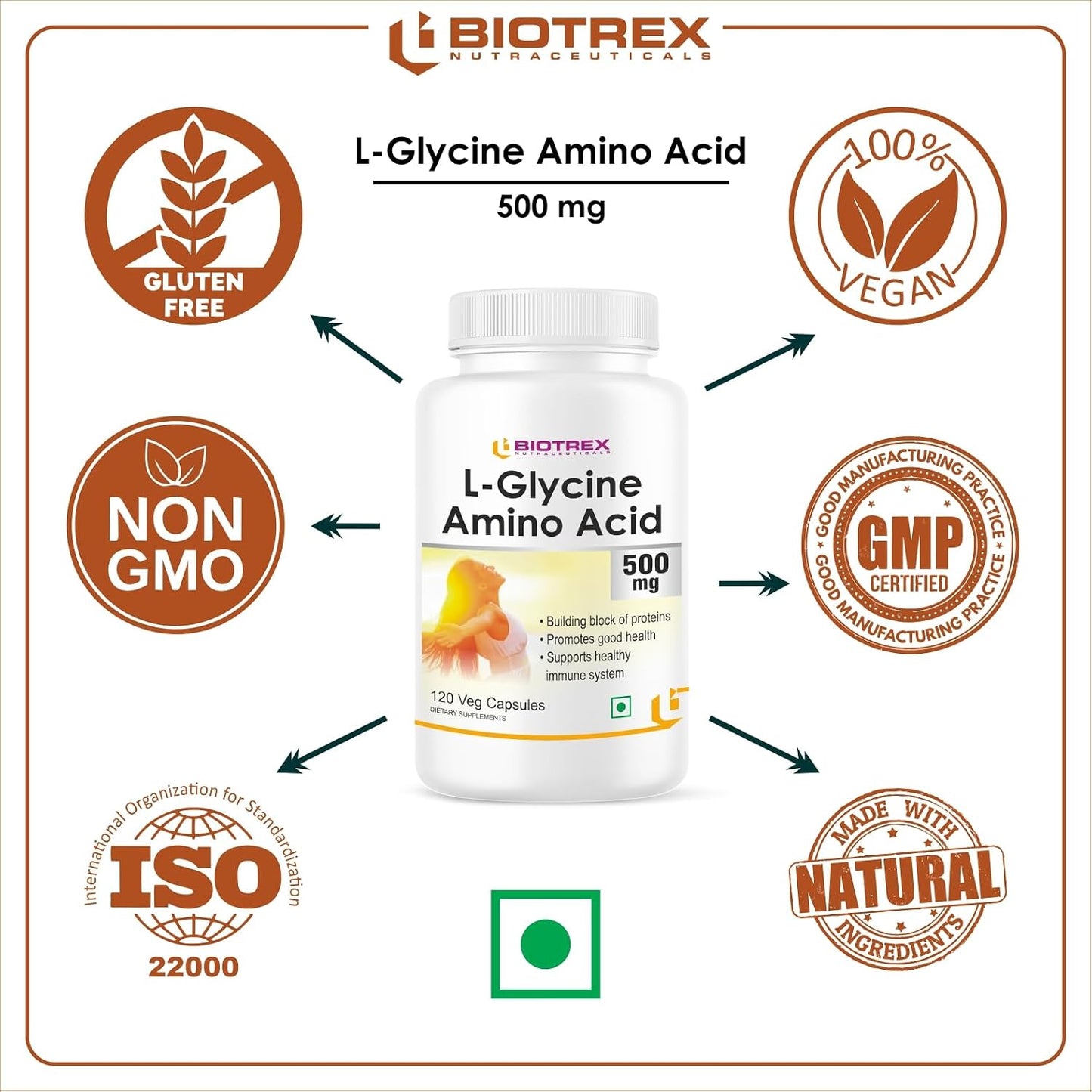 Biotrex Nutraceuticals L-Glycine Amino Acid 500mg Supplement, Supports healthy sleep & immune system, Supports Brain Health 120 Veg. Capsules