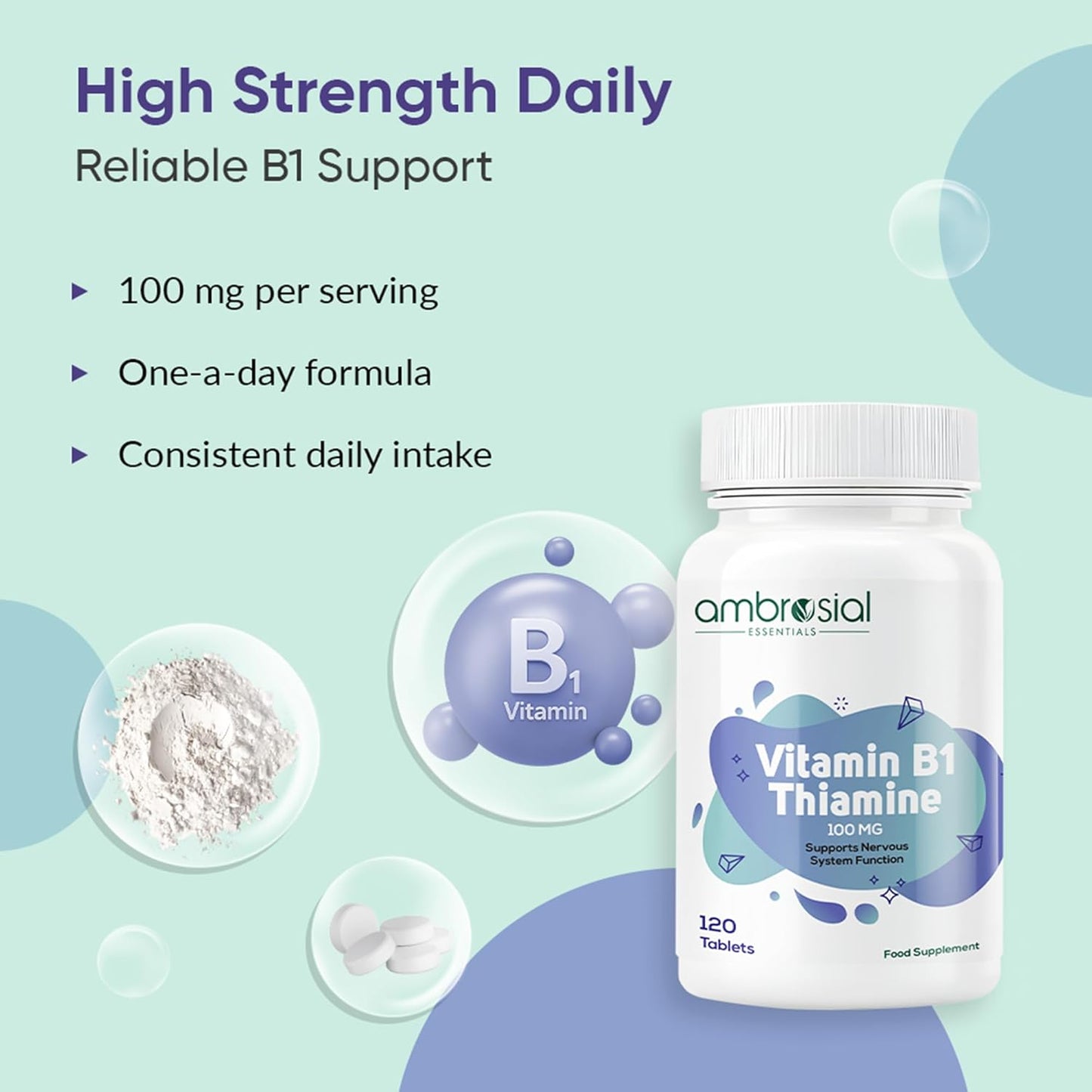 Vitamin B1 supplement bottle with product details on a light green and blue background