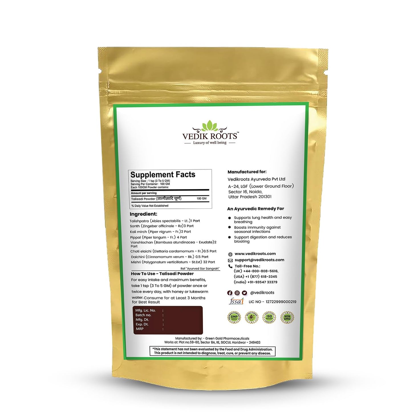 Vedik Roots supplement package with ingredient list and branding on a white background