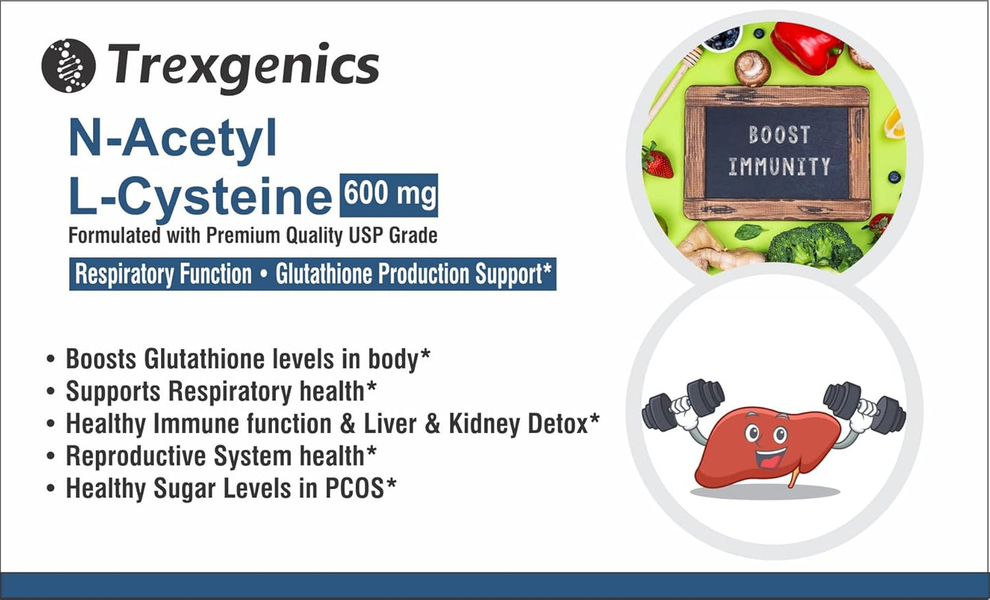 Trexgenics N-ACETYL L-CYSTEINE 600 mg Respiratory Health, Glutathione Production, Immunity, (60 Veg. Capsules) (Pack of 1)