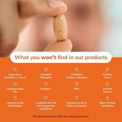 Hand holding a supplement pill with a list of ingredients not found in their products on an orange background.