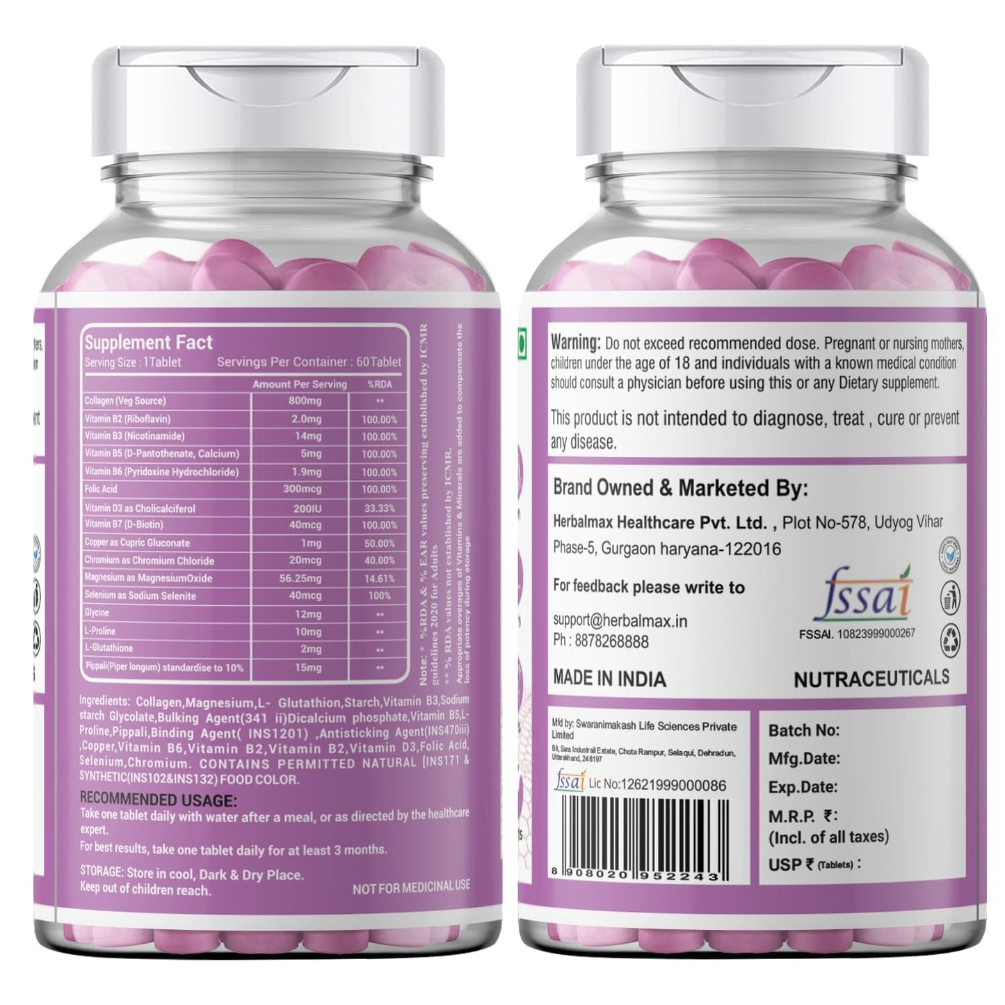 Herbalmax Veg Collagen Supplement Tablets – 60N | 800mg Type 1, 2 & 3 Collagen | For Glow Skin, Hair, Nails, Joints & Bone Support | Enriched with Biotin & L-Glutathione