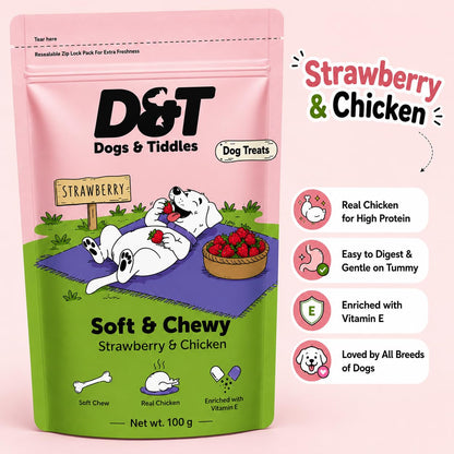 Dogs & Tiddles Strawberry & Real Chicken Dog Treats for Puppies & Adult Dogs, 100g | Soft & Chewy Puppy Treats | with Vitamin E & Antioxidants|Tasty Training Treats and Dog Snacks