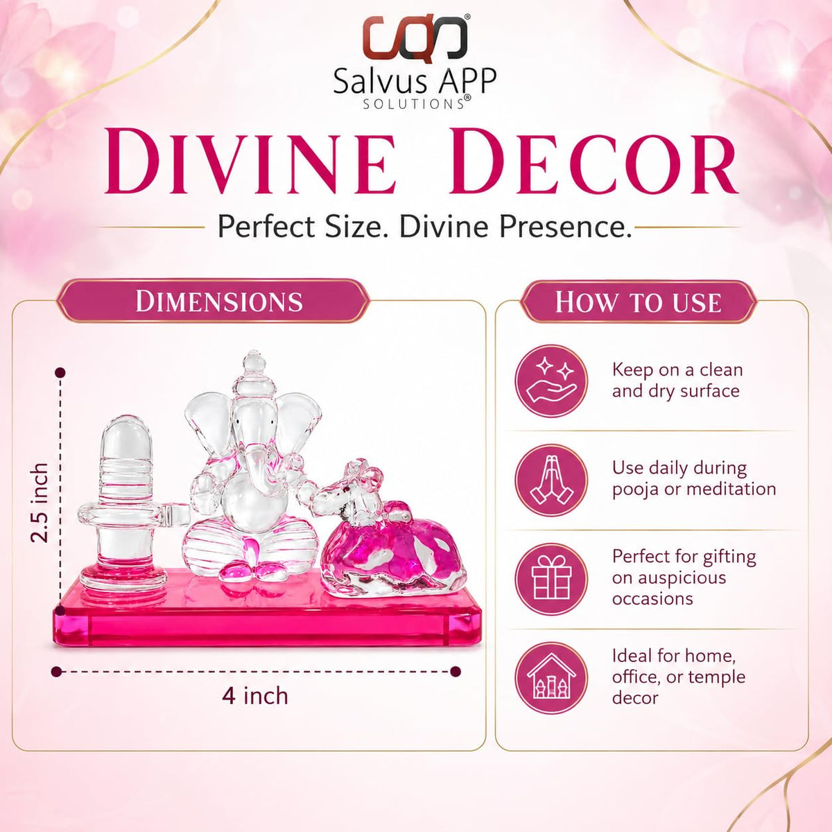 Crystal Glass Shiva Ganesha Nandi Statue | Decorative Religious Showpiece for Home, Temple & Office | Pink, 4 x 2.5 Inch