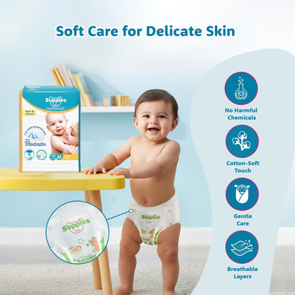 Supples Premium Baby Diaper Pants | 72 Baby Diapers | Medium | 7-12 Kg | 12 Hrs Absorption | Cushiony Cotton Soft Fabric | Phthalates-Free | Triple Leak Guard