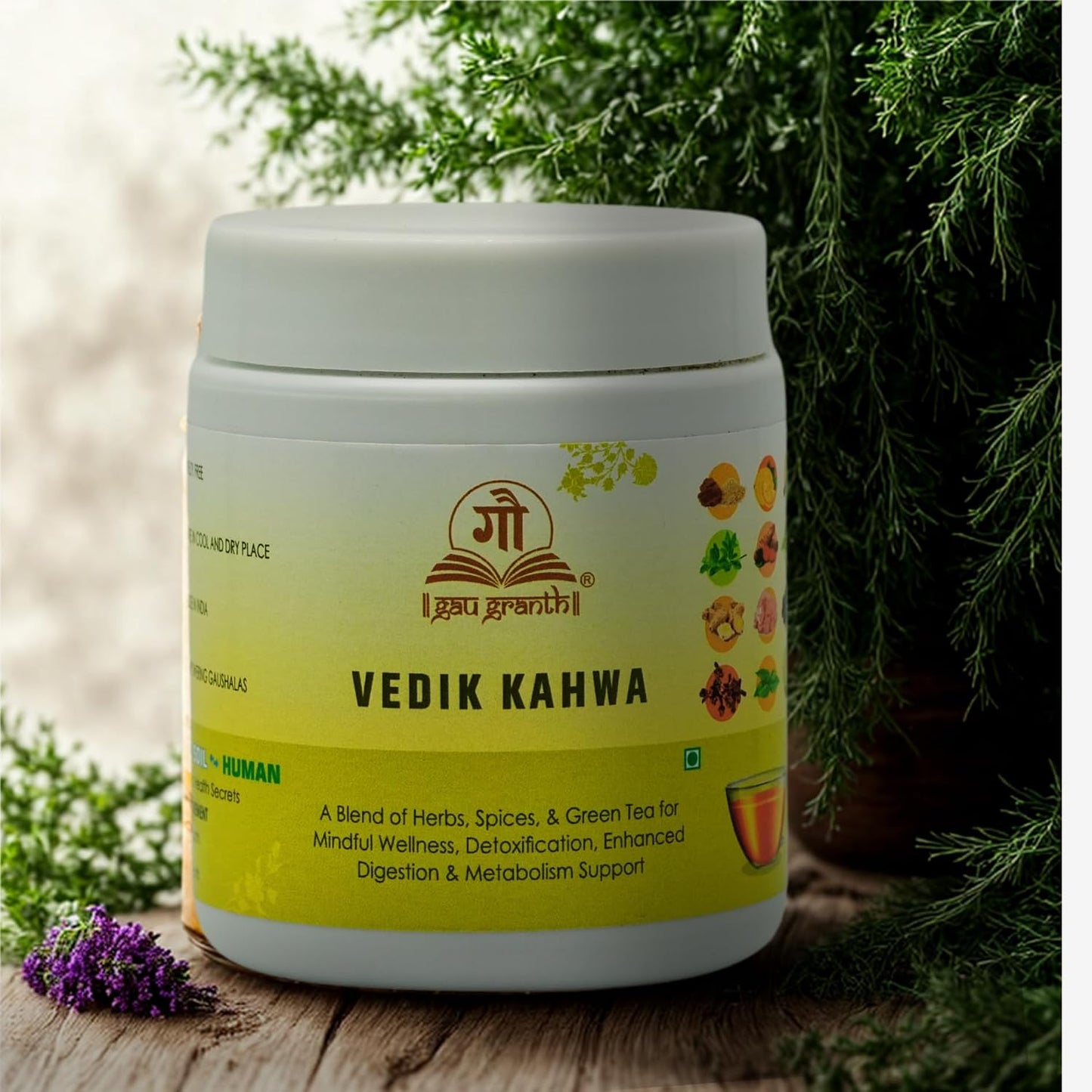 cow ved GauGranth Vedic Kahwa - 80G (Pack Of 1) | Boosts Immunity & Energy | Supports Digestion | Blend of 12 Real Ayurvedic Herbs - Cinnamon, Ginger, Turmeric, Asafoetida