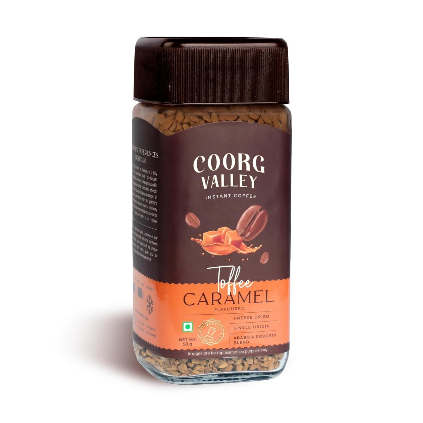Coorg Valley Toffee Caramel Instant Coffee 50g | Flavoured Coffee | Premium Blend of Robusta & Arabica | Freeze Dried | Make Café Style Hot & Cold Coffee at Home
