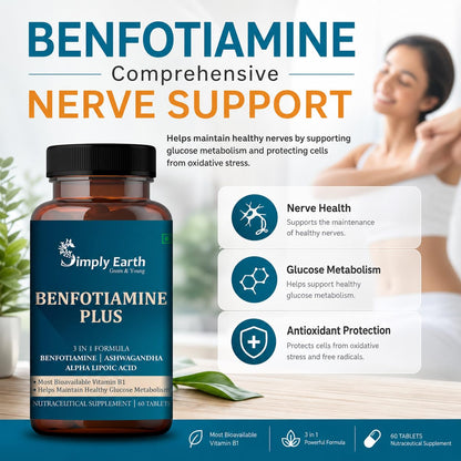 Simply Earth Benfotiamine+ 600mg with Ashwagandha & Alpha Lipoic Acid - Helps Maintain Blood Sugar Levels Supplement - Promotes Nerve Health & Metabolic Function - High Potency B1 Vitamin Supplement - 60 Tablets