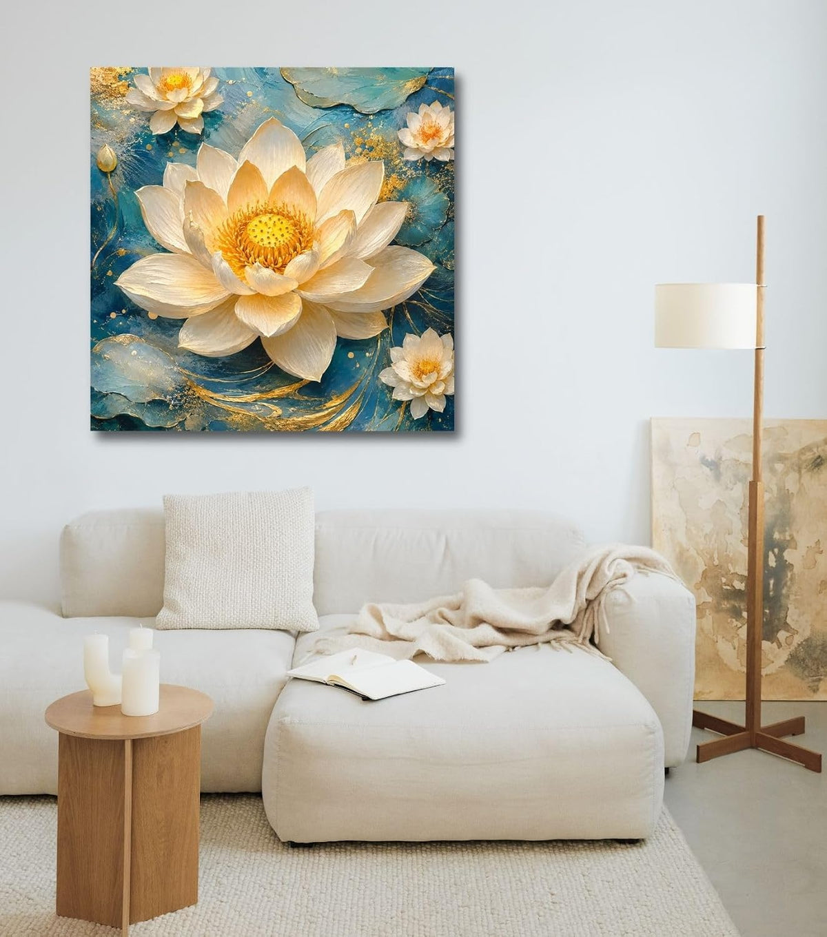Lotus Flower Painting for Wall Vastu (15+ DESIGNS) Framed Lotus Canvas Painting for Living Room, Bedroom | Nature Floral Wall Art with Multiple Design Variations (Cream Lotus, 18x18 Inch, Framed)
