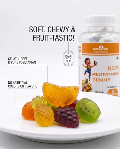 Nutrasium Multivitamin Gummies For Kids | With 14 Vitamins, 10 Minerals | Ashwagandha & Ginseng | 30 Day pack | Improves Immunity, Bone health & Brain Development | No Added Sugar | Mixed Fruit Flavour