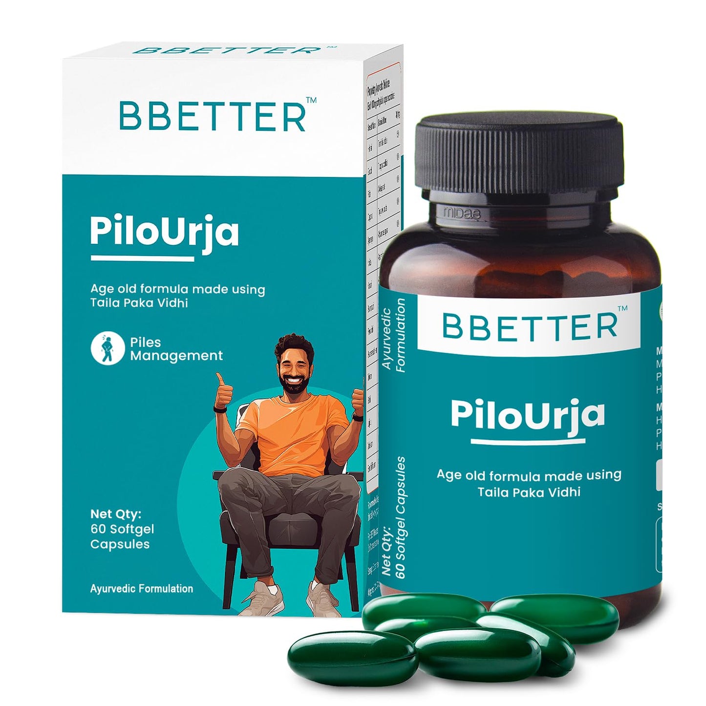 BBETTER PiloUrja - Lab Tested Ayurvedic Medicine for Relief from Piles Pain, Burning & Itching | Made by Taila Paka Vidhi Method | 60 Softgels