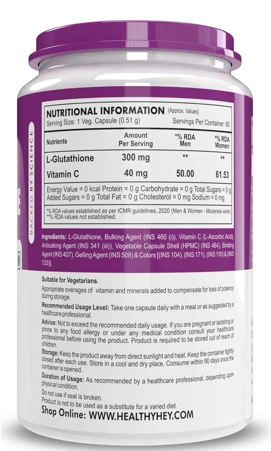 Supplement container with purple label and nutritional information on a white background