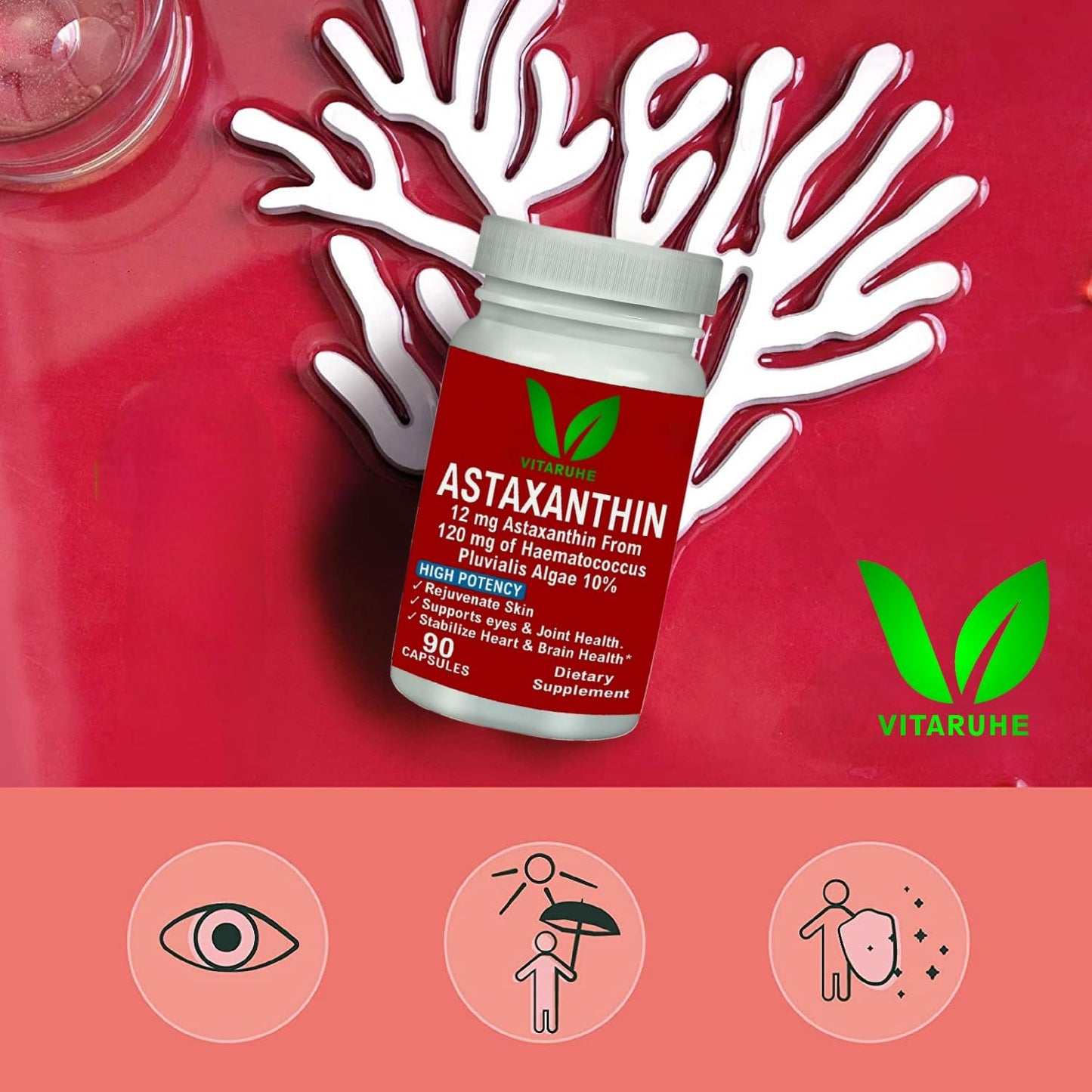 VITARUHE® Astaxanthin Supplement High Dose & Vegan, 12 mg Natural Astaxanthin Powder from Blood Rain Algae, 90 Capsules for 3 Months, No Additives