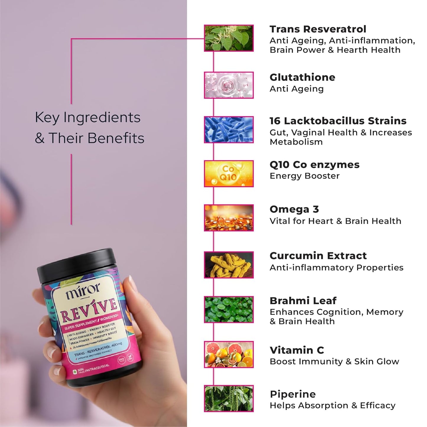 Miror Revive Anti-Aging & Women’s Daily Wellness Supplement with Resveratrol, Glutathione, Curcumin, Probiotics & CoQ10, Energy, Skin Glow, Gut Health & Immunity Support, Non-GMO, (30 Days Pack)