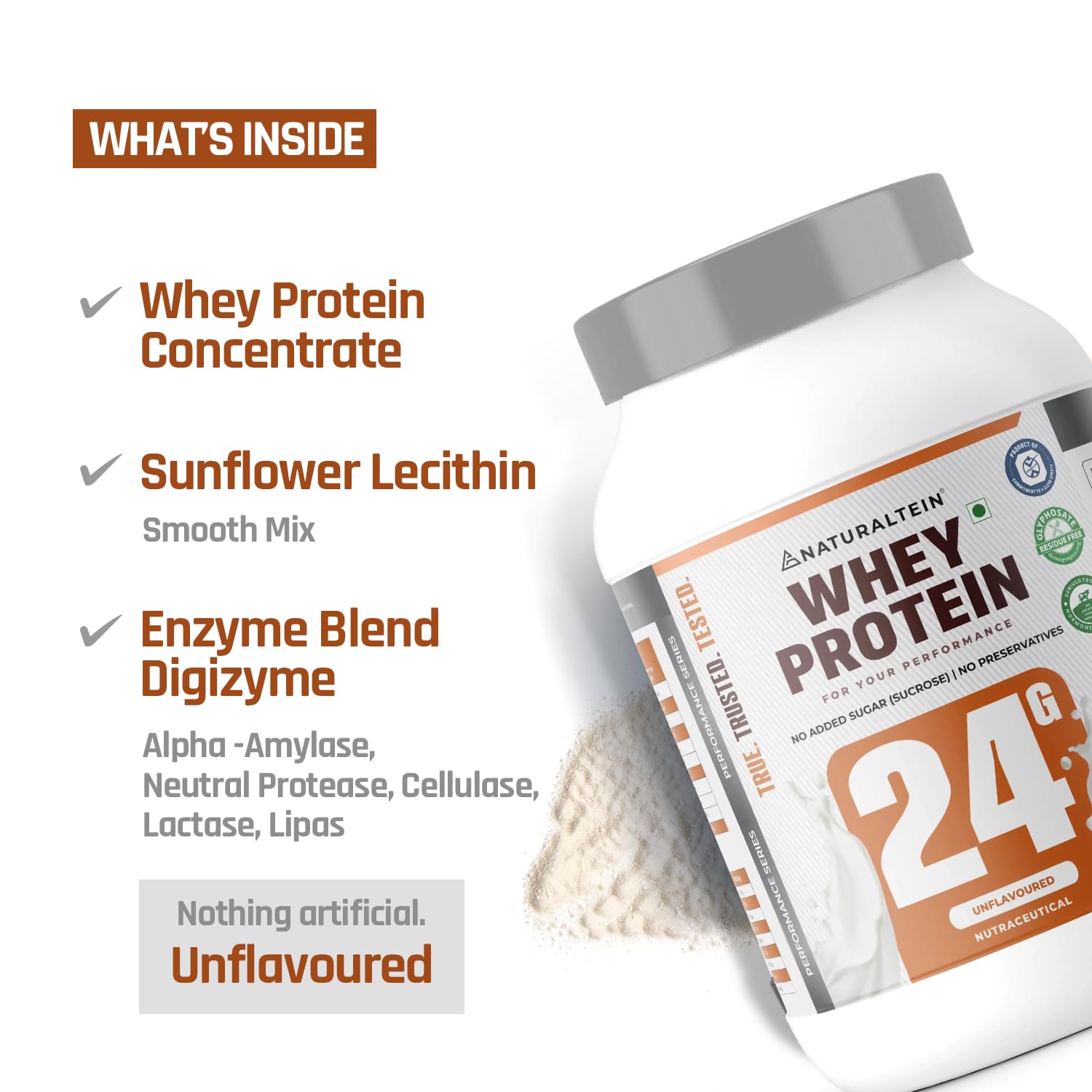 Whey protein container with ingredients listed on a white background