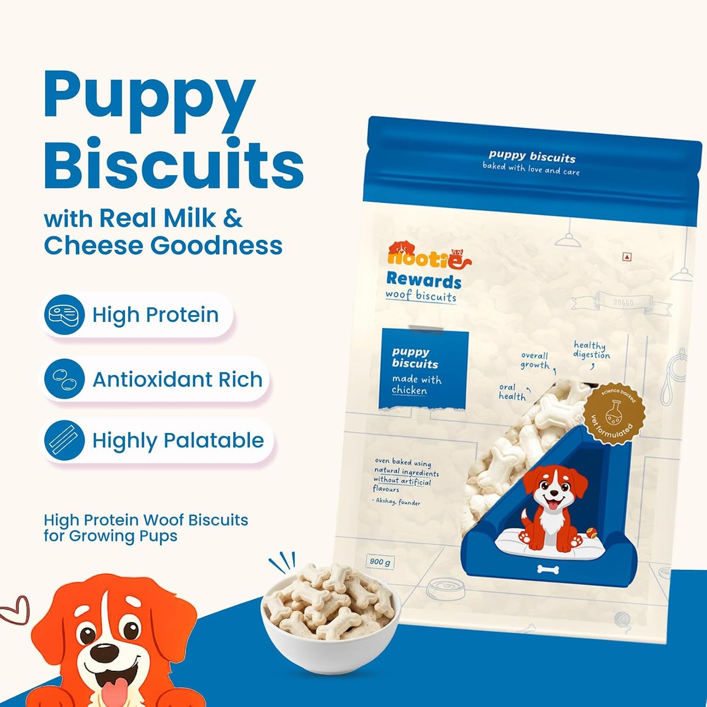 Nootie Chicken Biscuits with Chicken & Peanut Butter Flavour for Puppies Dogs Protein-Rich, Highly Digestible, and Nutrient-Dense Dog Treats, Breeds & Sizes - 900g
