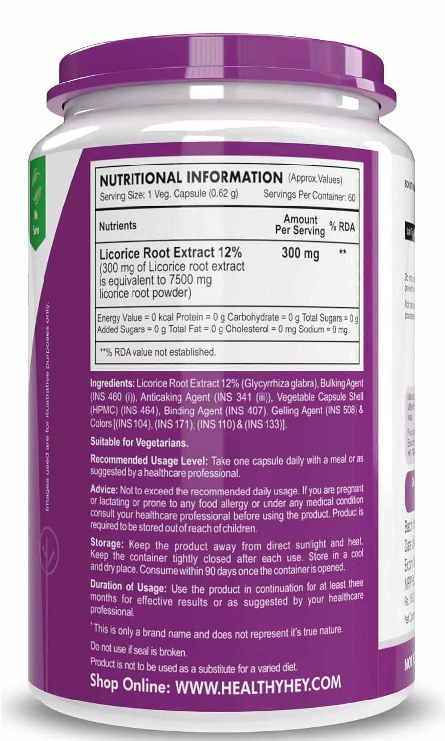 Nutritional information label on a supplement container with a purple label.