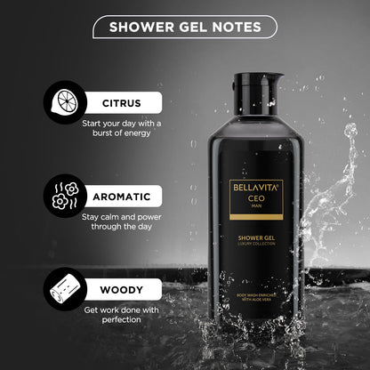 Bellavita CEO Men shower gel bottle with features on a dark background