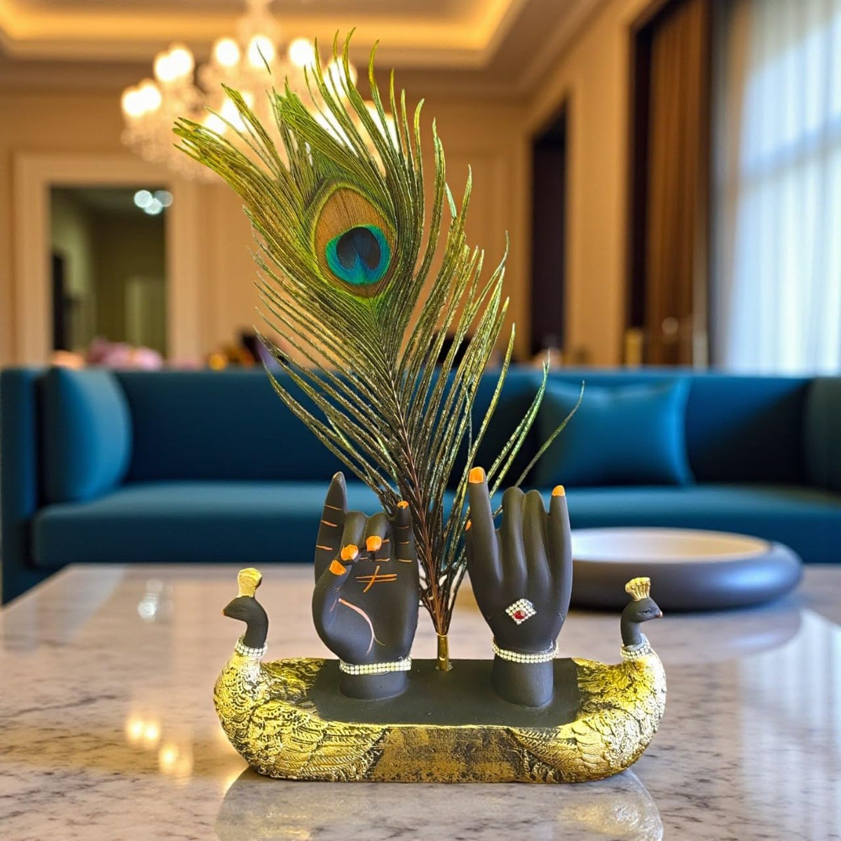 Handcrafted Krishna Ji Hands with Flute Figurine, Hindu Deity Sculpture with Peacock Feather, Home and Office Decor Showpiece