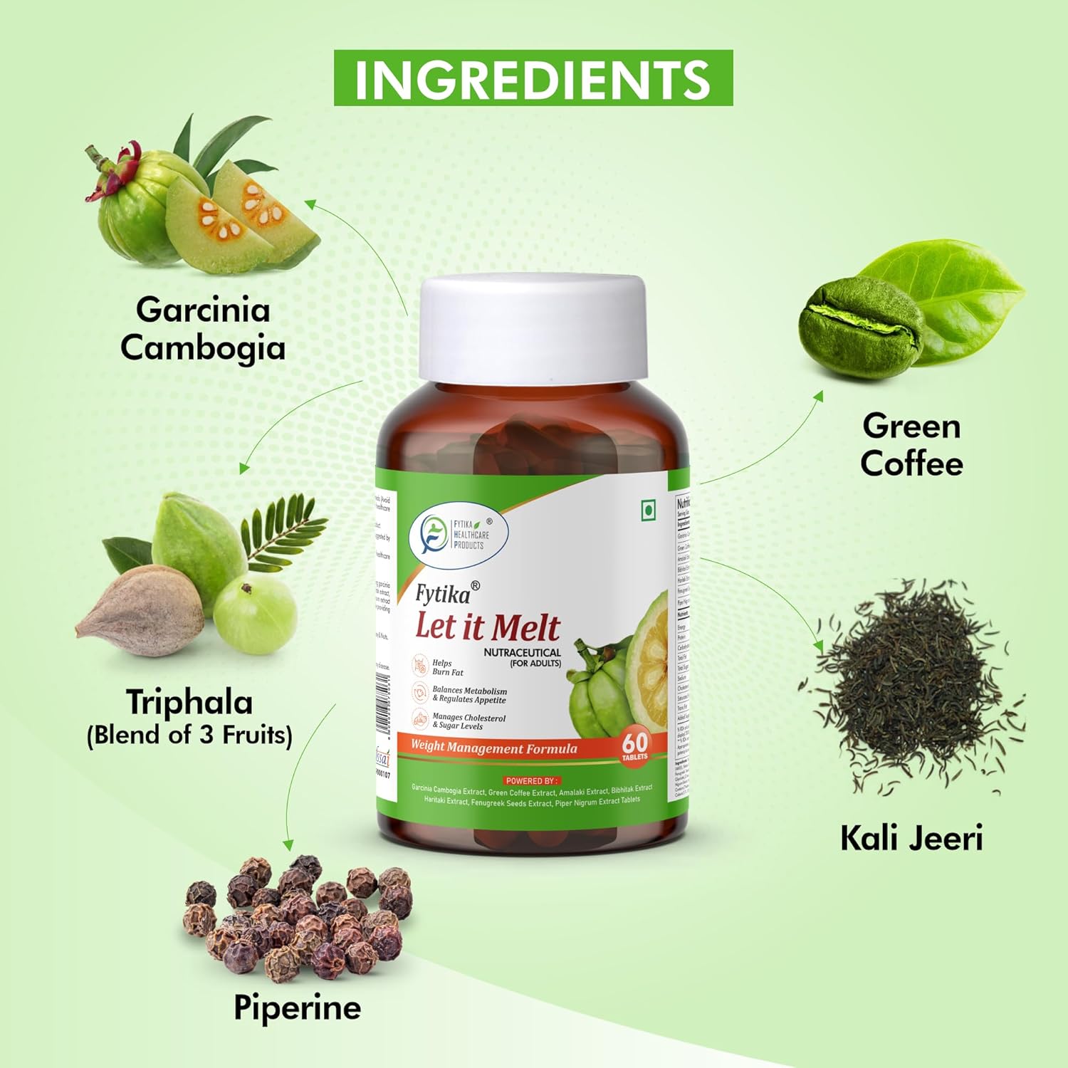 Bottle of 'Let it Melt' supplement with ingredients labeled on a green background