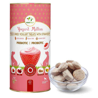Pawfect Yogurt Melties Freeze Dried Pre and Probiotic Dog Treats with Strawberry, Apple, Papaya & Burdock Root - Healthy Gut- Low Calories- Grain & Gluten Free - Reward or Training Treats (38g/1.34oz)