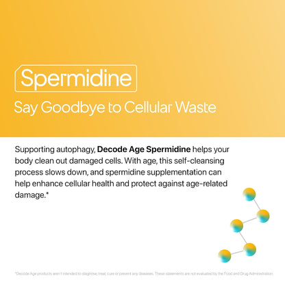 Advertisement for Spermidine with text about cellular waste and autophagy on a yellow background.