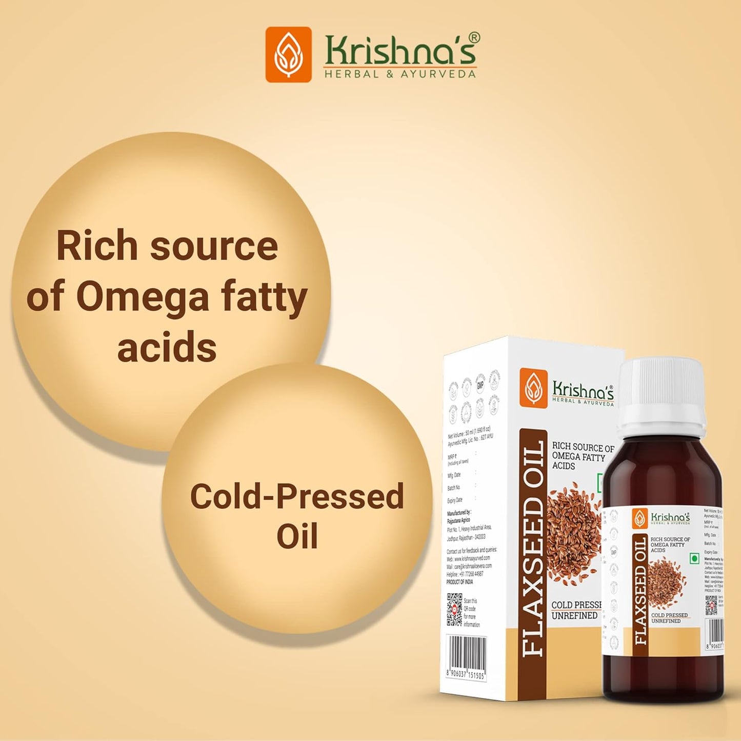 Krishna's Flaxseed Oil (50 ml) | Virgin Cold Pressed Flex seed oil | Rich in Omega 3-6-9 | Made in Kachi Ghani | No Added Preservatives