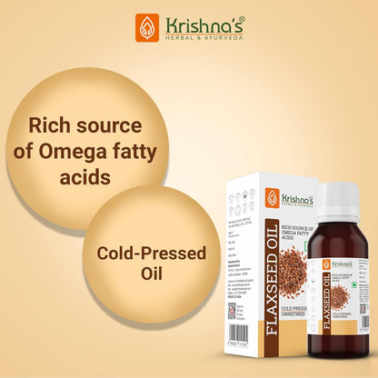 Krishna's Flaxseed Oil (50 ml) | Virgin Cold Pressed Flex seed oil | Rich in Omega 3-6-9 | Made in Kachi Ghani | No Added Preservatives