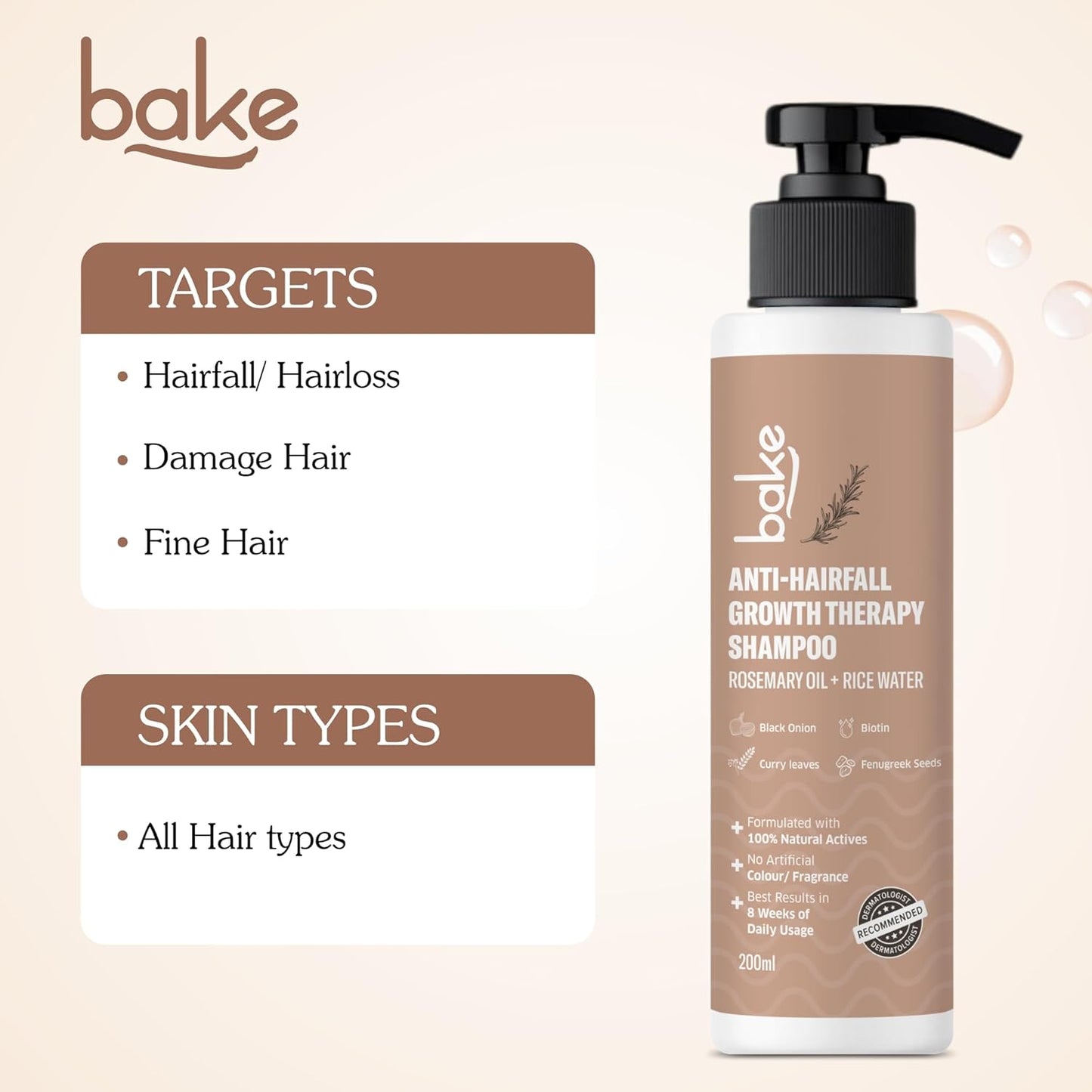 BAKE Rosemary Anti Hair Fall Shampoo for Hair Growth, Hair Fall & Dandruff Control with Black Onion & Methi Dana, Reduces Hair Loss & Prevents Hair Damage, For Men & Women - 200ml