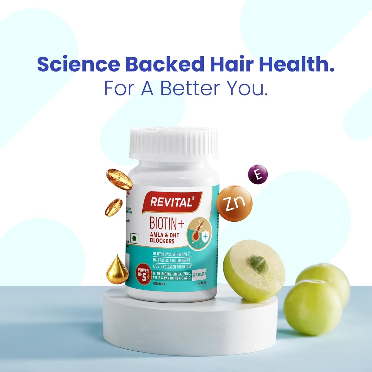 Revital Biotin+ with Amla and DHT Blockers for Hair Growth | Biotin, Amla, Zinc, Vitamin E & Pantothenic Acid | Supports Hair Strength & Skin Health | 50 tablets