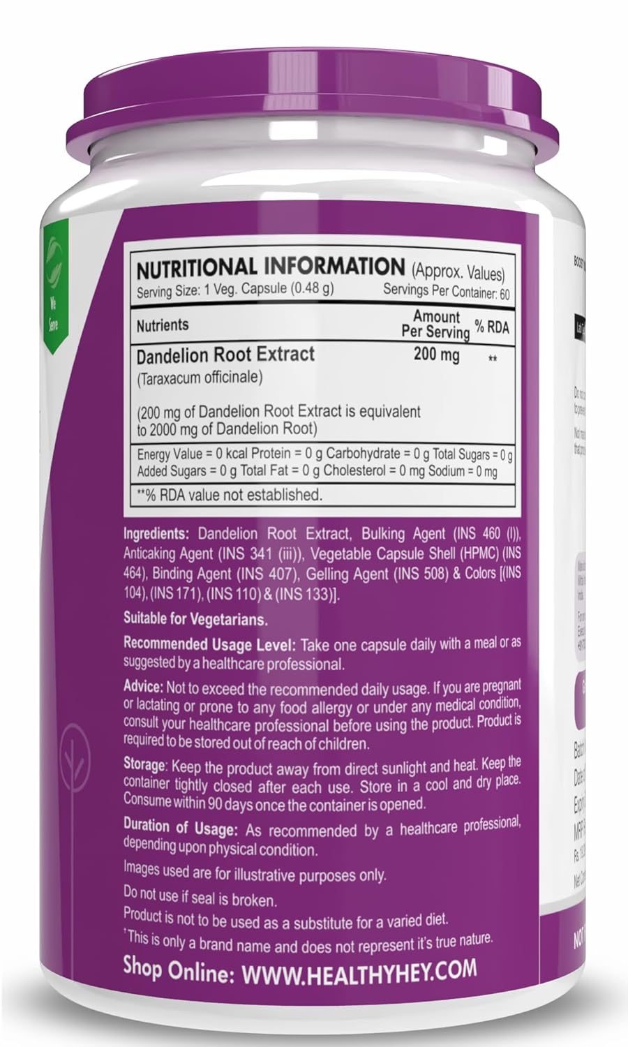 Nutritional information label on a supplement container with a purple label.