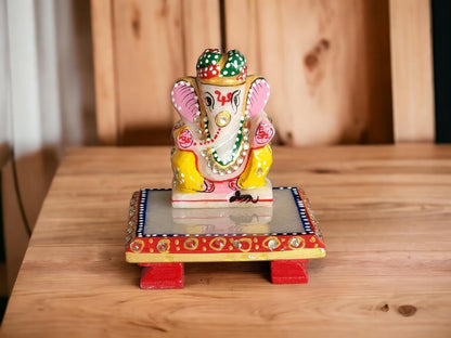 3-Inch Makrana Marble Ganesh Idol with Marble Chowki for Home Décor | Handpainted Ganesha Murti for Temple | Ganesha Figurine Sculpture for Office (3-Inch Ganesh, 4x4x1 Inches Chowki)