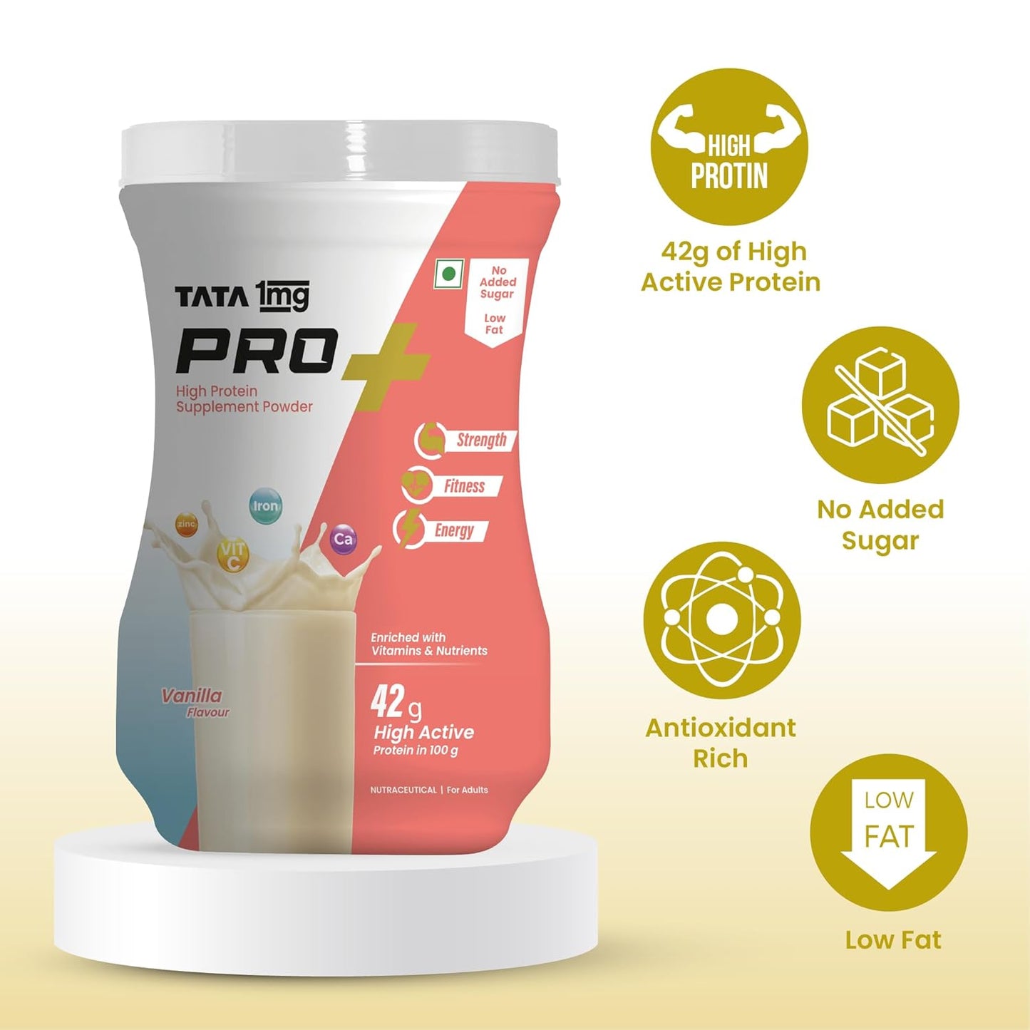 Tata 1mg Pro+ Soy Protein Supplement Powder- High Protein for Muscle & Bone Strength, Overall Fitness, and Energy with 23 essential nutrients,Low Fat & No Added Sugar,Vanilla Flavour
