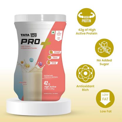 Tata 1mg Pro+ Soy Protein Supplement Powder- High Protein for Muscle & Bone Strength, Overall Fitness, and Energy with 23 essential nutrients,Low Fat & No Added Sugar,Vanilla Flavour