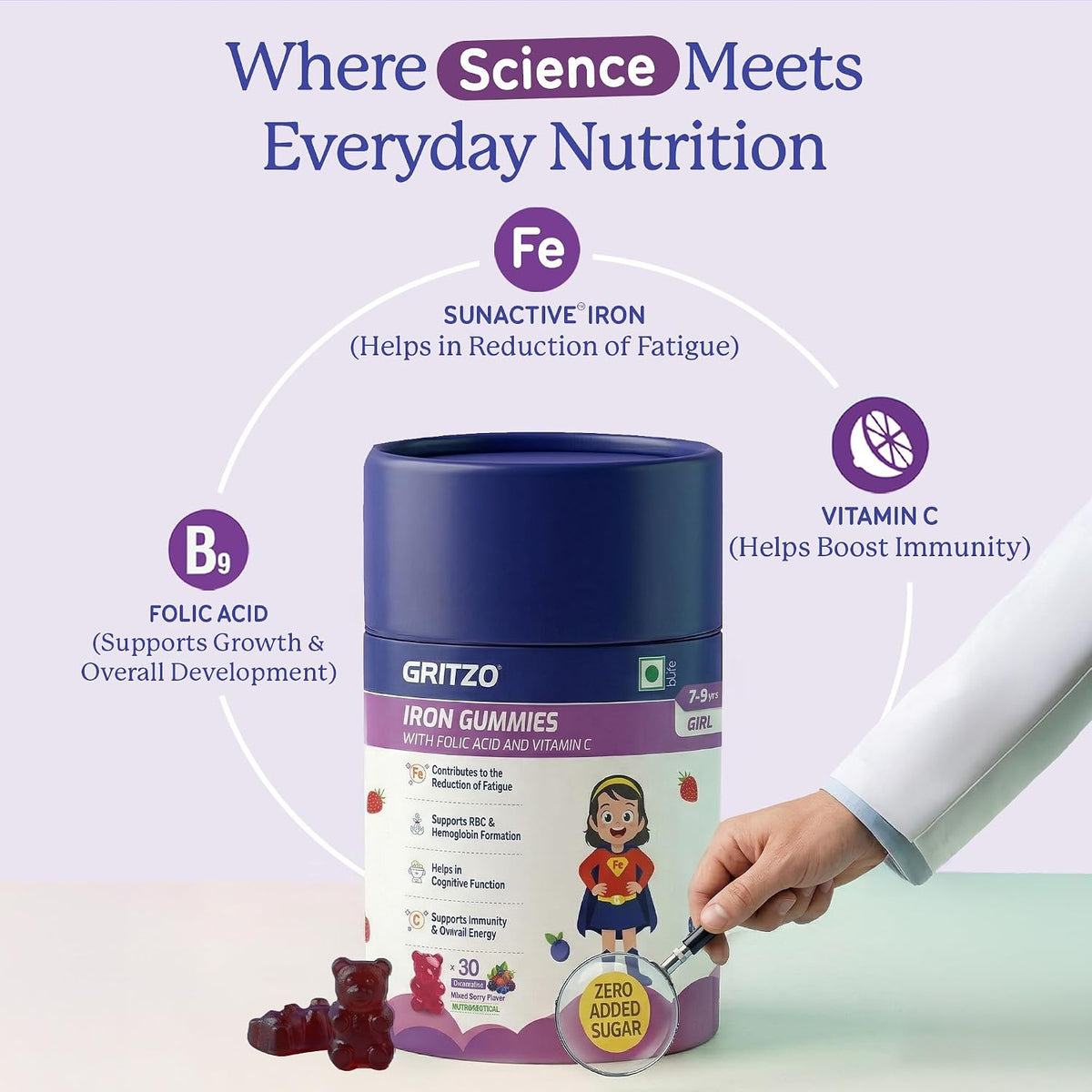 Gritzo Iron Gummies (7-9y Girl), Mixed Berry, 30 Gummies With Folic Acid & Vitamin C | Zero Added Sugar