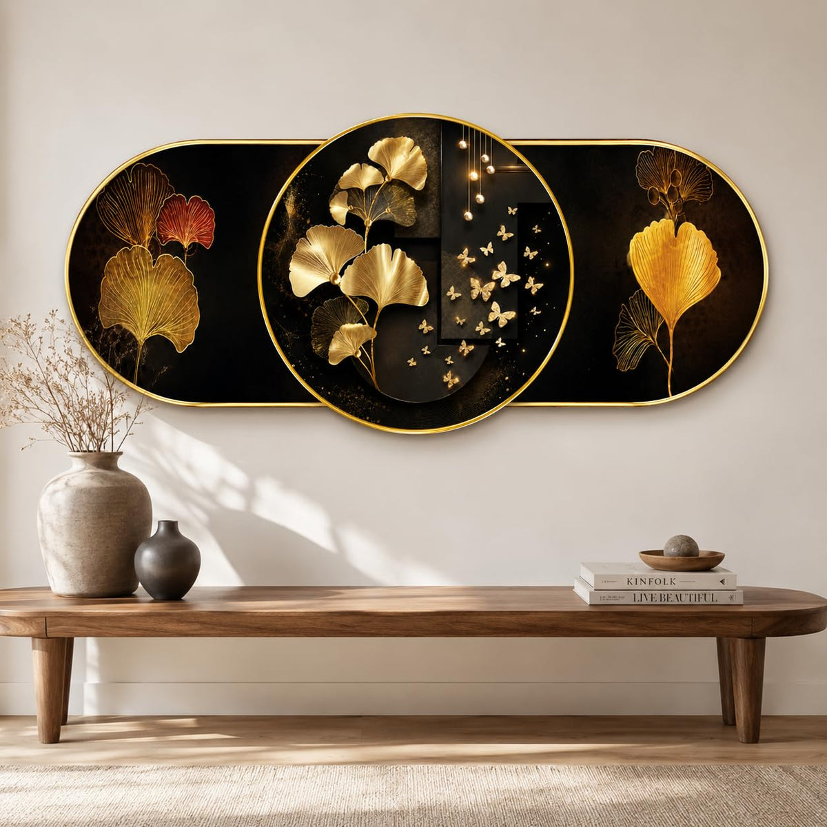 Golden Ginkgo Leaf Wall Painting for Living Room Bedroom Decor, Black Gold Floral Round Modern Art with Premium PVC Golden Frame (16 x 35 Inch)