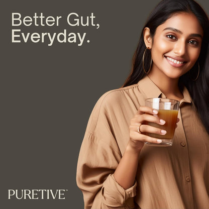 Woman holding a glass of juice with 'Better Gut, Everyday' text and Puretive logo.