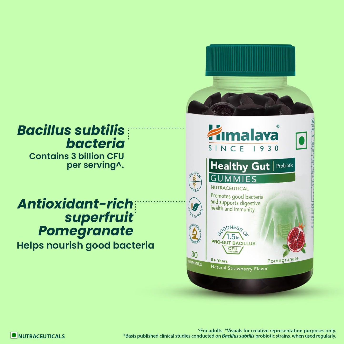 Himalaya Healthy Gut Gummies bottle on a green background with product details.