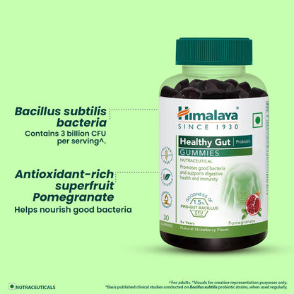 Himalaya Healthy Gut Gummies bottle on a green background with product details.
