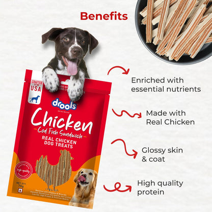 Drools Cod Fish Sandwich Dog Treat, 70 g | Made with Real Chicken & Cod Fish | High Protein Training Treat | for Puppy & Adult Dogs