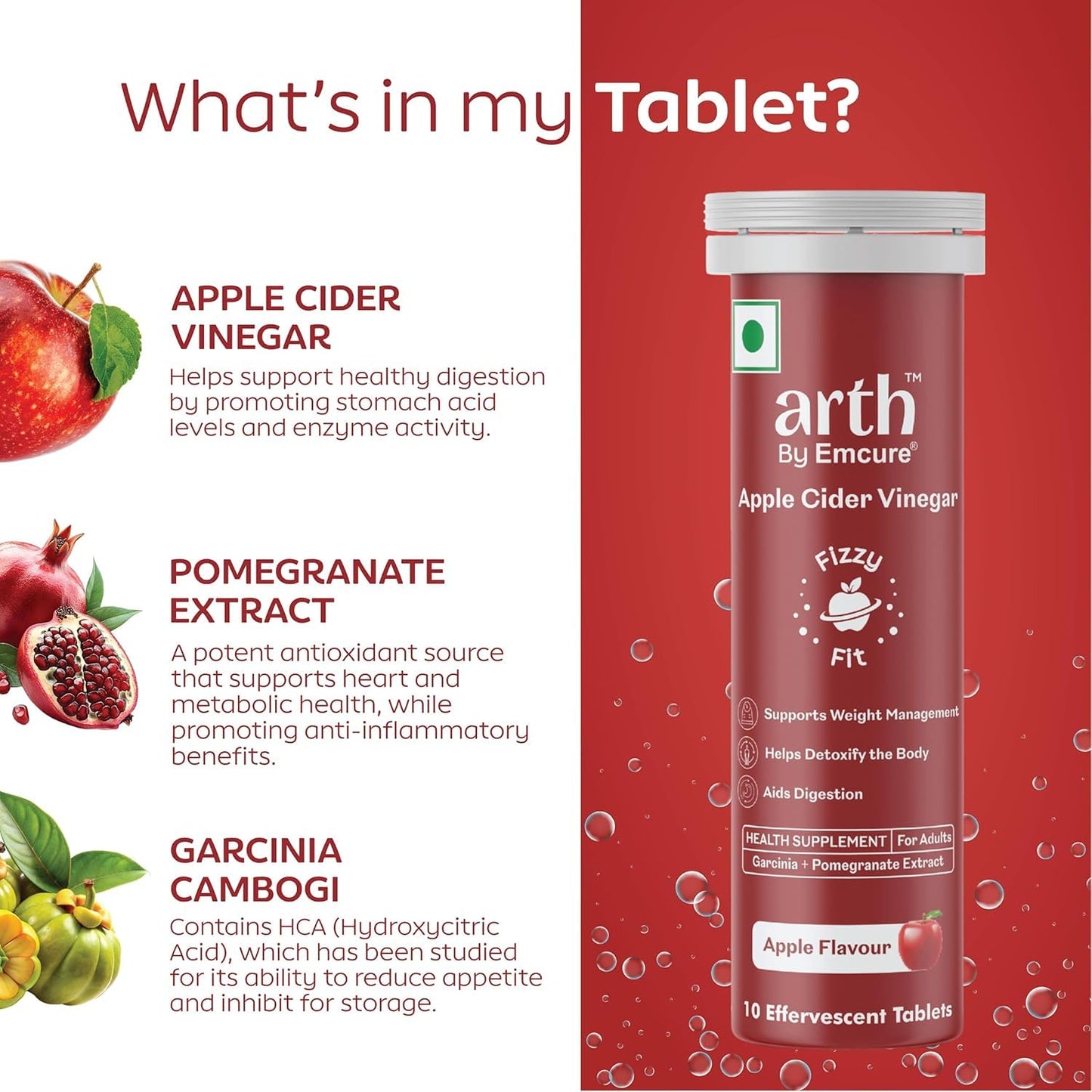 Arth Apple Cider Vinegar Effervescent Tablets 500mg | Supports Weight Management, Metabolism & Gut Health | Garcinia Cambogia, Pomegranate Extract | Vit B6 B12 | Apple Flavour | 10 Tablets