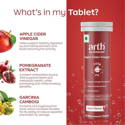 Arth Apple Cider Vinegar Effervescent Tablets 500mg | Supports Weight Management, Metabolism & Gut Health | Garcinia Cambogia, Pomegranate Extract | Vit B6 B12 | Apple Flavour | 10 Tablets