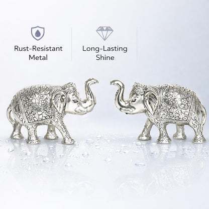 Kalakriti Metal Elephant Statue Small Silver 2 pcs Set Enhance Your Home Car Office Table Article | Animal Decorative Showpiece Figurines for Best Gifting