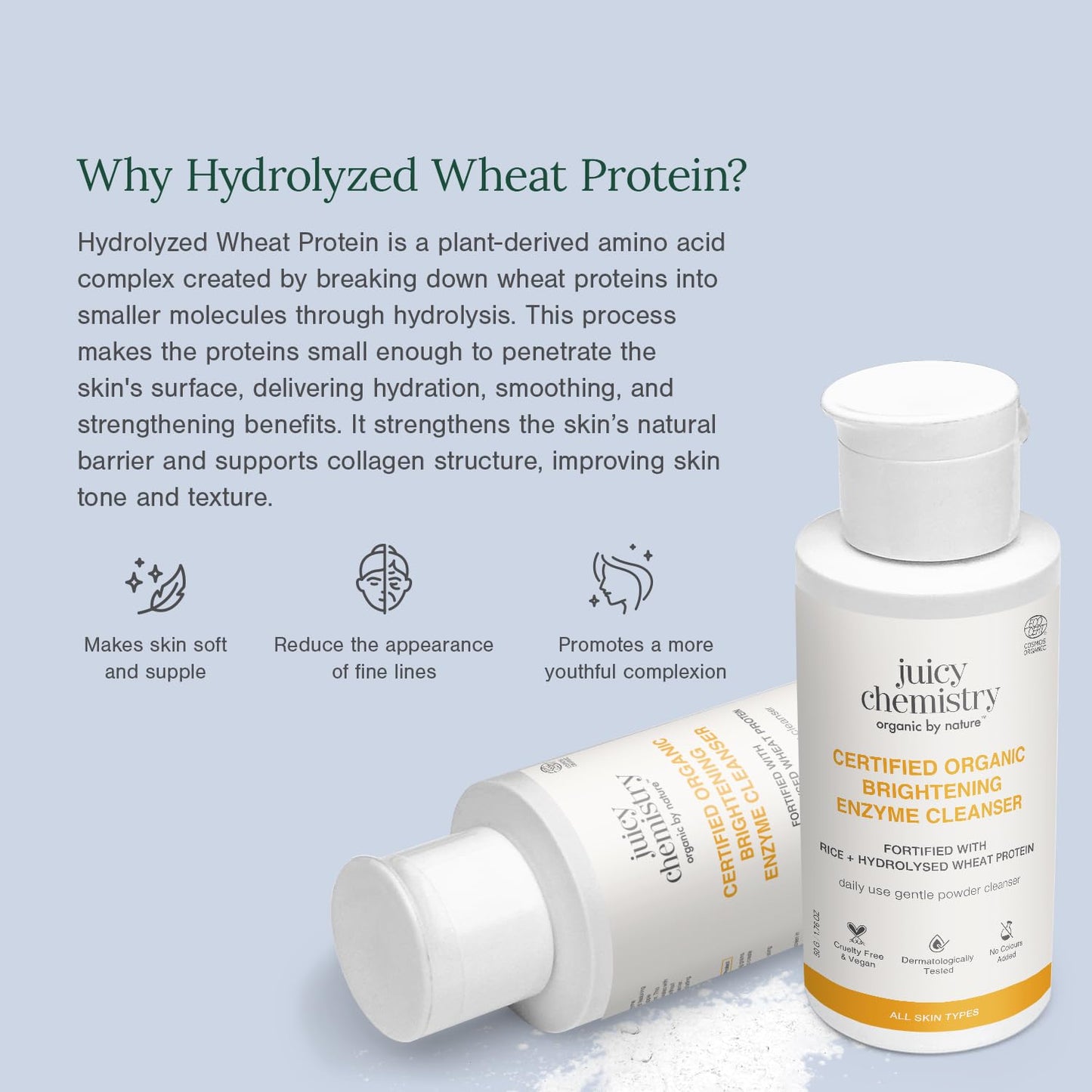 Juicy Chemistry Certified Organic Brightening Enzyme Cleanser, 50 g | Natural Fruit Enzyme Facial Cleanser | Gentle Daily Exfoliation Powder with Papaya, Pineapple, Pentavitin, Aloe | Vegan, Cruelty-Free