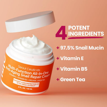 SeoulCeuticals 97.5% Snail Mucin Moisturizer for Face | 60ml Korean Skin Care Snail Mucin Cream with Aloe, Shea Butter & Jojoba | Lightweight, Non-Comedogenic Daily Repair Night Cream