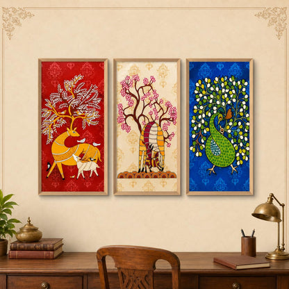 Set of 3 Folk Animal Tree Wall Paintings with Sparkle Laminate, Premium Wooden Synthetic Frame, Deer Elephant Peacock Art for Living Room Bedroom Decor