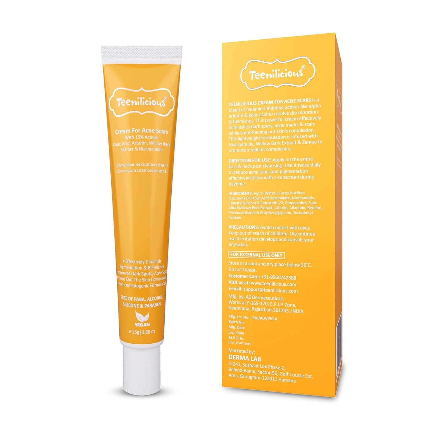 Teenilicious Scar Removal Cream for Acne Scars and Acne Pits | Scar Gel with Kojic Acid, Alpha Arbutin and Niacinamide | Fades Acne Scars, Treats Skin Pigmentation, Brightens Skin Tone | 25 GM