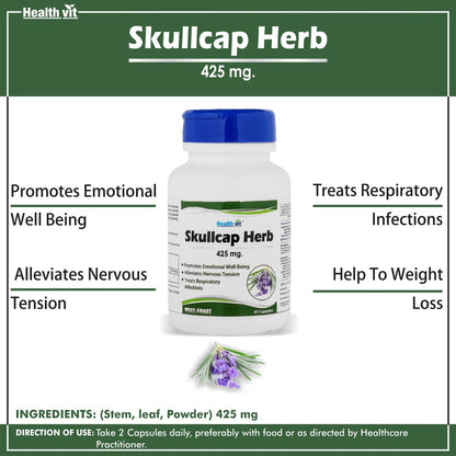 Healthvit Skullcap Herb supplement bottle with label and text on a green background