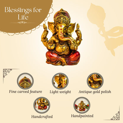 Aura Series Antique Gold Painted Ganesha Idol (5 inch) | Marble Dust Ganesh Murti for Pooja Room, Home Decor, Office Desk | Resin Vinayagar Statue for Diwali Puja | Vinayaka Idol for Gifting