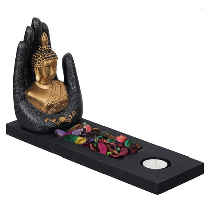 eCraftIndia Grey Golden Resin Palm Buddha Statue Tea Light Candle Holder | Lord Buddha Idol Tea Light Holder | Diwali Decoration Items for Home Decor | Buddha Showpiece Gift for Diwali Housewarming